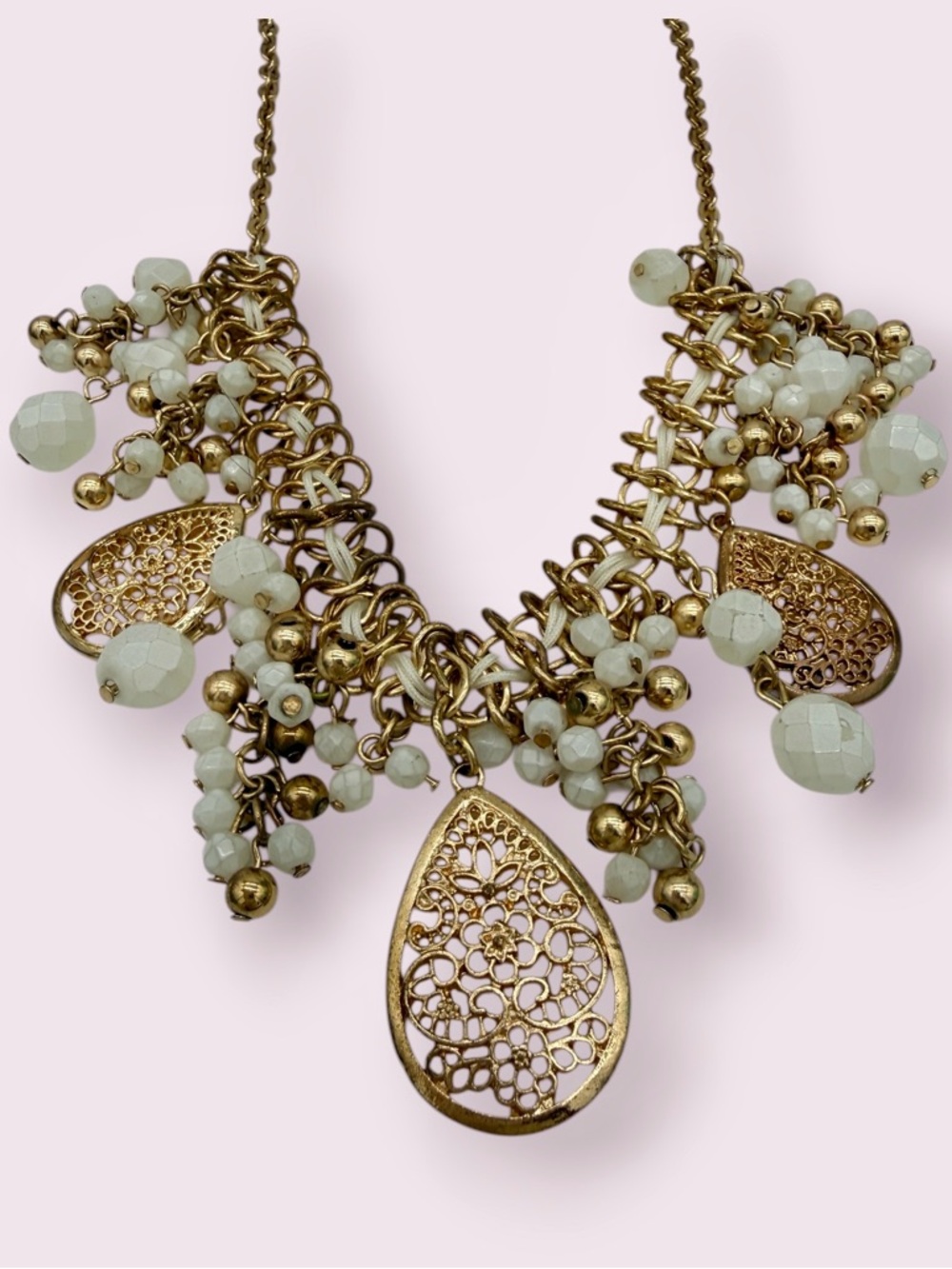 Vintage Filigree Gold Statement Necklace and Earrings Coordinated Set - Picture 5 of 10